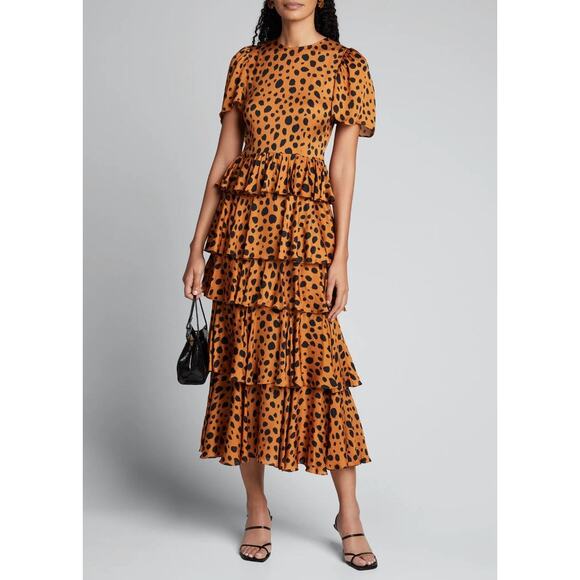 Rhode Cheetah Print Short Sleeve Tiered Serena Midi Dress Womens Large AS IS - Picture 1 of 6